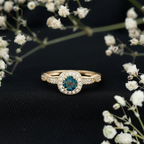 Miniatura 11 de Anillo de compromiso con halo de diamantes de topacio azul londinense certificado, calidad AAA, anillo de diamantes de topacio azul natural