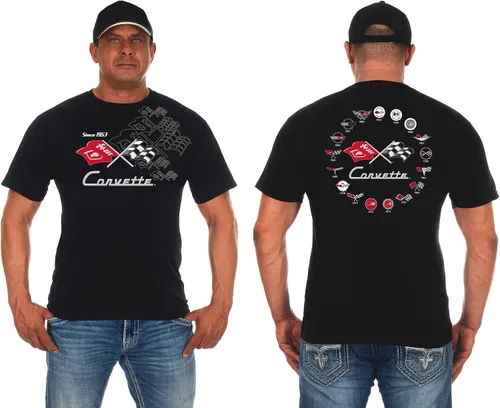 JH Design - Camiseta de manga corta con cuello redondo para hombre, diseño de collage de Chevy Corvette (2 colores)