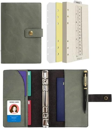 Miniatura 10 de WONDERPOOL Cuaderno de cuero recargable, cuaderno en espiral, carpeta de carpetas de diario A5 con puntos y bolsillos interiores para viajes, Marrón