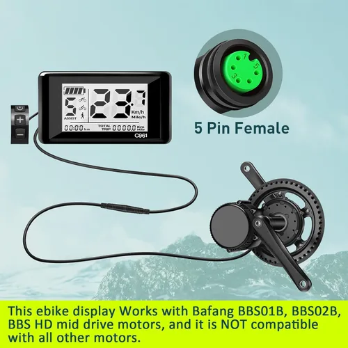 Miniatura 6 de Pantalla LCD Ebike hembra de 5 pines C961 para Bafang BBS01B BBS02B BBSHD Mid Drive Motor, computadora de pantalla Ebike con protocolo UART 0-9