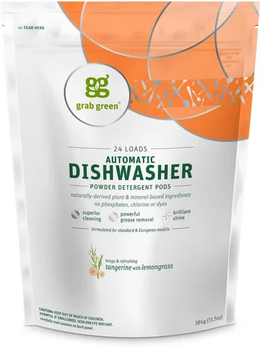 Grab Green Cápsulas de detergente automático para lavavajillas, 24 unidades, aroma a hierba de limón mandarina, a base de plantas y minerales,