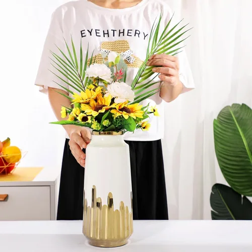 Miniatura 5 de Jarrón grande de cerámica blanca con detalles chapados en oro de 11 pulgadas de alto, florero decorativo para sala de estar, decoración moderna