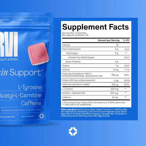 Miniatura 8 de URVI® Gomitas cerebrales – L-tirosina, acetil-L-carnitina, cafeína, L metil folato (Quatrefolic® 5-MTHF), vitamina B12 y yodo – Aumenta la energía