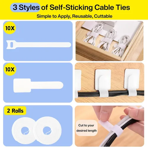 Miniatura 5 de Kit de gestión de cables [313 piezas], 67 clips adhesivos para cables, organizador de cables de escritorio Topavatop, 22 correas reutilizables