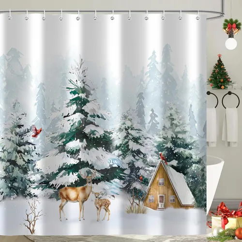 Miniatura 8 de Cortina de ducha de Feliz Navidad, trineo de Papá Noel, reno, copo de nieve, vacaciones, cuadros rojos y verdes, juego de cortinas de ducha