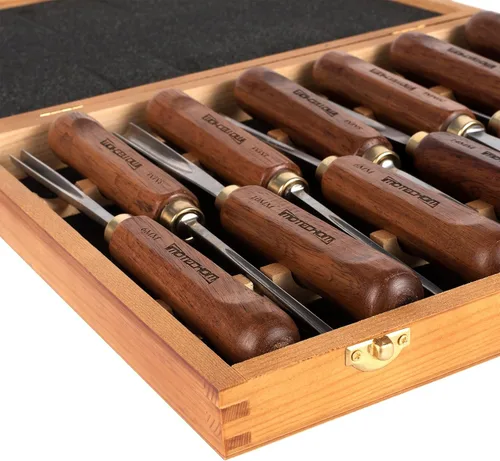 Miniatura 9 de Juego de 12 piezas de herramientas de tallado de madera para carpintería con caja de madera, cuchillas de acero CR-V 60 ultra afiladas