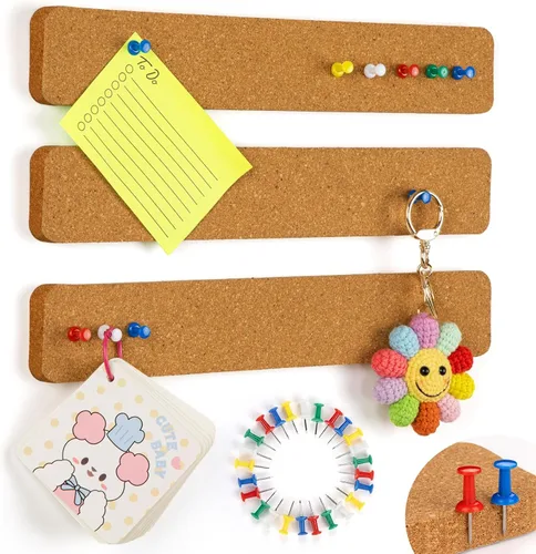 Tiras de corcho para paredes, 3 piezas de tablero de corcho autoadhesivo para oficina con 20 chinchetas para pegar notas, fotos, aretes, collares,