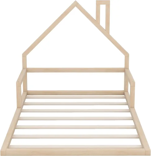 Miniatura 6 de MERITLINE - Cama de suelo de tamaño matrimonial para niños, marco de cama Montessori de madera con cabecera y rieles en forma de casa, plataforma