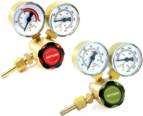 Medidores de gas de soldadura duales, oxígeno (CGA-540) acetileno (CGA-200) Combo de reguladores (2 unidades), kit completo de latón para tanques