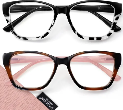 Madison Avenue Paquete de 2 lentes de lectura con bloqueo de luz azul Cateye para mujer, bisagra de resorte, anteojos vintage para lectura de