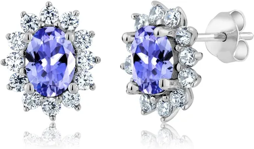 Miniatura 147 de Gem Stone King Aretes ovalados de plata de ley 925 de 0.276 x 0.197 in con piedra natal de la princesa Diana, estilo halo real para mujeres