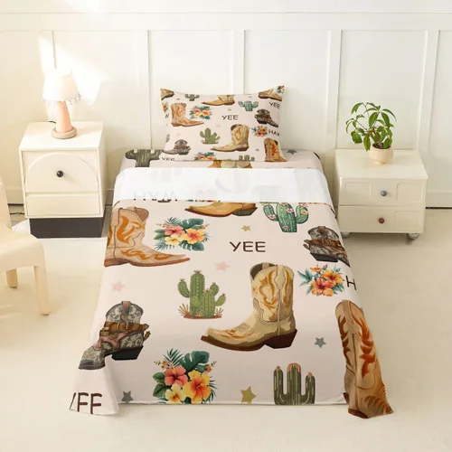 Erosebridal Western Cowgirl Sheet Set Twin Western Cowboy Bed Sheets for Kids Boys Girls Horseshoe Boots Southwestern Flat Fitted Sheet Wild West
