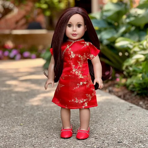 Miniatura 4 de Asian Beauty - Vestido tradicional asiático rojo y dorado con zapatos rojos, ropa para muñecas de 18 pulgadas (toll no incluido) Vestido