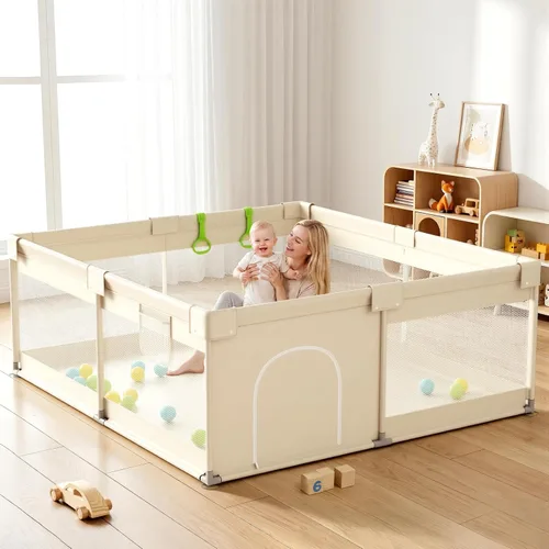 Uanlauo Corralito para bebés pequeños color beige, 47 x 47 pulgadas, corralito de juego seguro para interiores, con bolsa de almacenamiento y malla