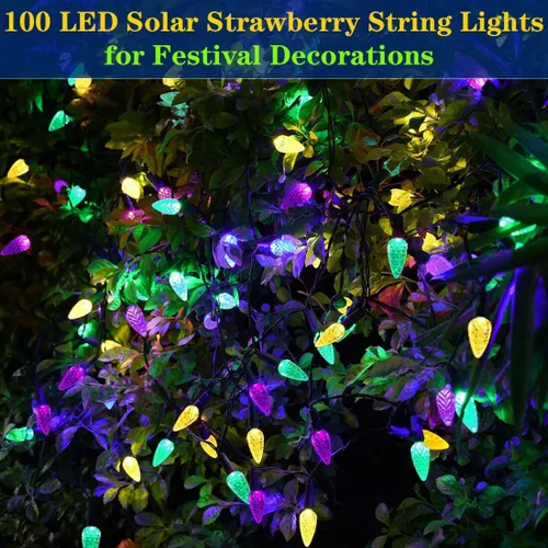 Miniatura 3 de Luces solares de Navidad para exteriores, cadena de luces C6 de fresa, luces de Mardi Gras, 100 LED, 8 modos, impermeable, uso al aire libre