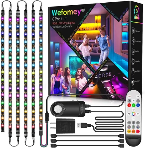 Luces RGB bajo gabinete con sensor de movimiento, 6 tiras de luces LED precortadas con control remoto, sincronización de música, luces de armario