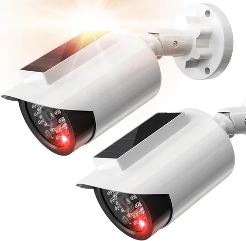 BNT Cámara de seguridad falsa con energía solar, cámara de vigilancia falsa en forma de bala con luz LED roja para noche, calcomanía de advertencia