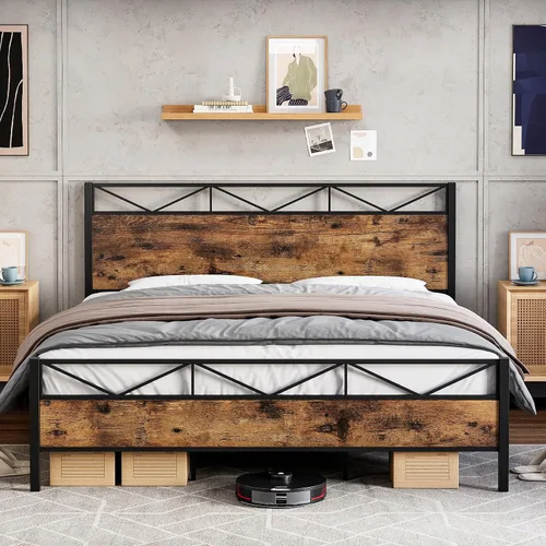 Miniatura 7 de Senfot Base de cama de tamaño matrimonial con cabecera y estribo de madera rústica, plataforma de metal, soporte de listones de acero resistente,