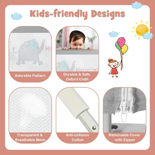 Miniatura 5 de BABY JOY Riel de cama para niños pequeños, 77 pulgadas, extra largo, altura ajustable y plegable, protector de riel de cama de bebé con malla Gris
