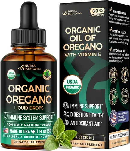 Aceite de Orégano Orgánico USDA – Gotas Líquidas con Vitamina E – Hecho en Estados Unidos – Suplemento para Apoyo Inmunológico, Salud Digestiva y