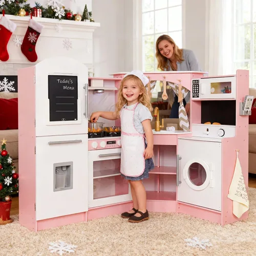 Miniatura 6 de Conjuntos de Cocina de Jugar de Madera Grandes en Rincón con Máquina de Hielo, Dispensador de Agua, Panificadora, Lavadora, Pantalla Electrónica