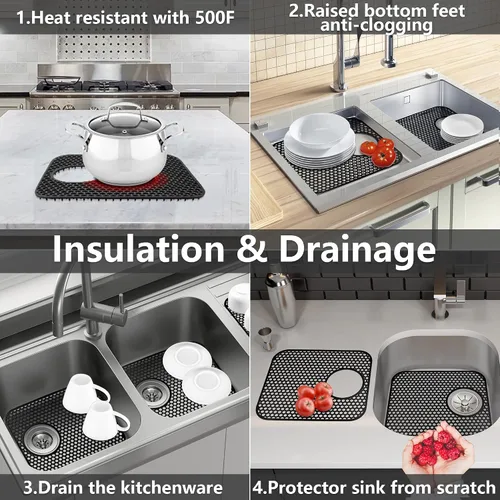 Miniatura 5 de Protectores de fregadero para fregadero de cocina, 2 alfombrillas de cocina de silicona de 13.58"x11.6", protector inferior antideslizante 13.58"x