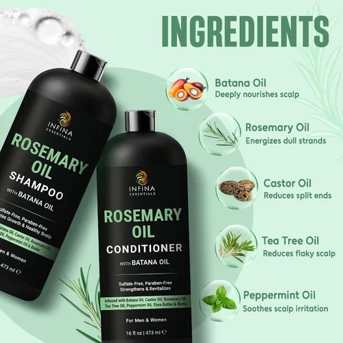 Miniatura 4 de INFINA ESSENTIALS Champú y Acondicionador con Aceite de Romero 16 fl oz cada uno con Aceite de Batana Fórmula Sin Sulfatos, Hidratante