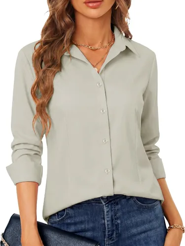 Miniatura 9 de BBIBBI Camisa de vestir elástica de manga larga con botones para mujer, blusa de trabajo casual de negocios (clásica, recortada y alta)