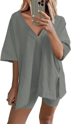 Bankeng Conjunto de 2 piezas para mujer, camiseta de gran tamaño, cuello en V, pantalones cortos de motociclista, conjunto reversible