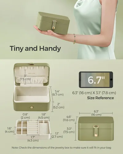 Miniatura 25 de SONGMICS Caja organizadora de joyas, estuche de viaje de 2 capas para aretes, collares, pulseras, almacenamiento portátil de joyas con gran Verde