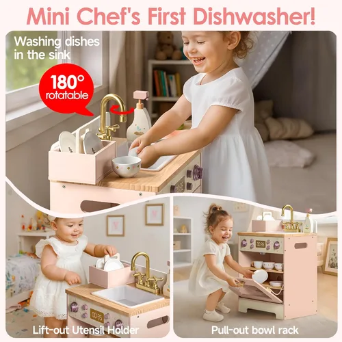 Miniatura 4 de ROBOTIME Fregadero Lavavajillas de Juguete de Madera – Juguete de Cocina Rosa de Fantasía con Grifo Dorado, Perillas Giratorias, Estante