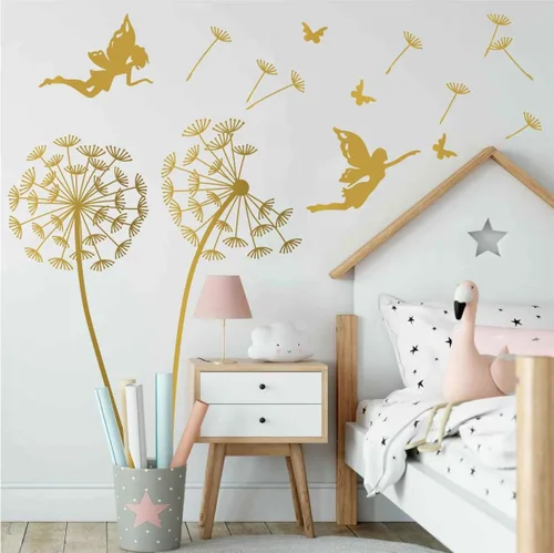 Miniatura 2 de Calcomanía de pared de dientes de león con hada, decoración de habitación de bebé niña BA435 (dorado, lado izquierdo)