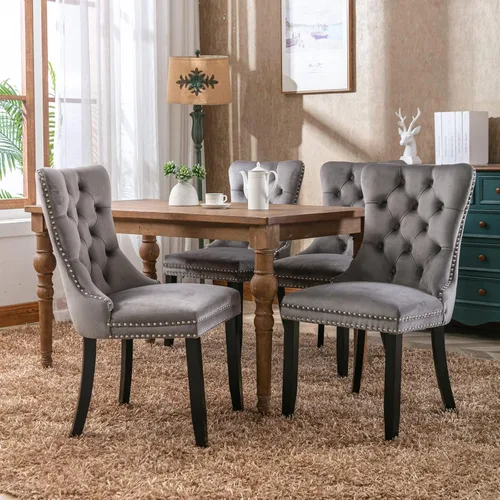 Miniatura 2 de Juego de 4 sillas de cocina modernas de terciopelo gris con anillo trasero, con patas de clavo, patas de madera maciza, tapizadas, sillas de mesa