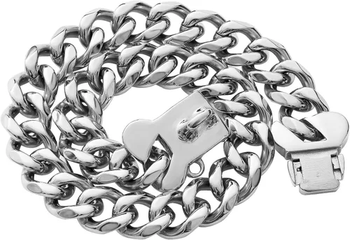 Miniatura 4 de Collar de Perro de Acero Inoxidable con Eslabones Cubanos Plateados de Servicio Pesado para Perros Pequeños, Medianos y Grandes, Collar de Perro
