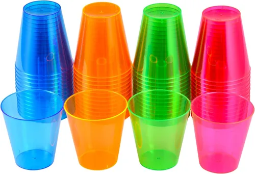 250 vasos desechables de plástico, vasos de fiesta multicolor neón de 1 onza, vasos desechables de plástico duro para margarita, whisky,