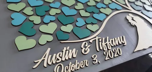Miniatura 6 de Aşk Aynası Libro de invitados de boda 3D hecho a mano y pintado a mano, árbol de madera alternativo y corazones personalizados