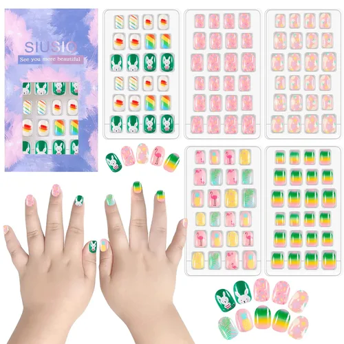 Miniatura 11 de 120 unidades de 5 uñas postizas acrílicas a presión para niños, lindo prepegamento de cubierta completa con purpurina, color degradado, arcoíris