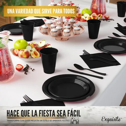 Miniatura 4 de 350 piezas de platos de plástico negro para fiestas, juego de platos desechables negros, 50 de cada juego de platos para cena de 9 pulgadas, platos
