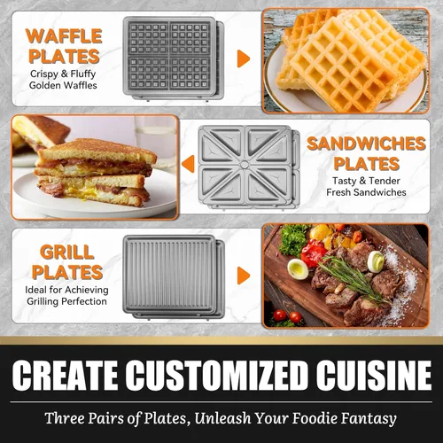 Miniatura 4 de FineMade Máquina para Hacer Waffles Belga con Placas Desmontables, Waflera Eléctrica, Gran Plancha para Waffles, Prensa para Panini de 3 en 1
