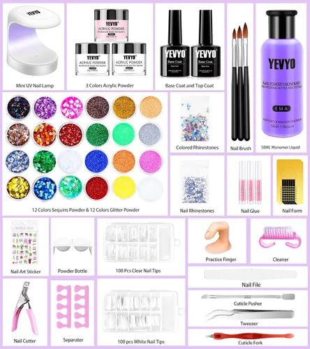 Miniatura 2 de Kit de uñas acrílicas con todo para principiantes, kit profesional de iniciación de uñas, polvo acrílico con purpurina de 24 colores y monómero