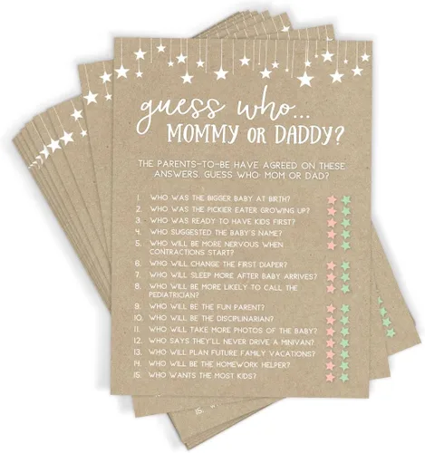 Printed Party Juegos de baby shower - Adivina quién mamá o papá juego para niño o niña, tema de papel kraft rústico, 50 tarjetas