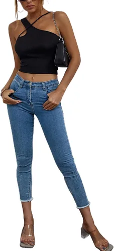 Miniatura 6 de Remidoo Top corto sexy con tirantes asimétricos y corte de punto acanalado para mujer