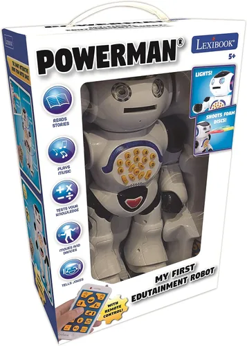 Miniatura 2 de LEXiBOOK Powerman - Robot de juguete con control remoto que camina y habla, baila, canta, lee historias, quiz de matemáticas, dispara discos e imita