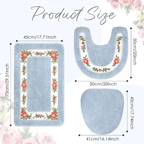 Miniatura 3 de Drydiet Juego de 3 alfombras de baño con rosas y flores, decoración de habitación, alfombra de baño floral en forma de U, antideslizante, Azul