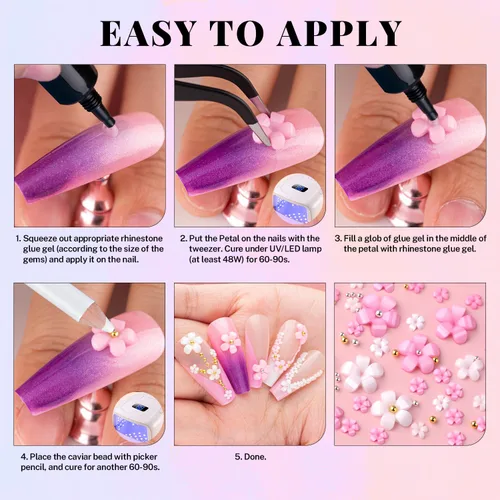 Miniatura 5 de Flores 3D para uñas, bonitos dijes de flores para uñas, kit de manicura con gel de pegamento de diamantes de imitación, pétalos acrílicos coloridos