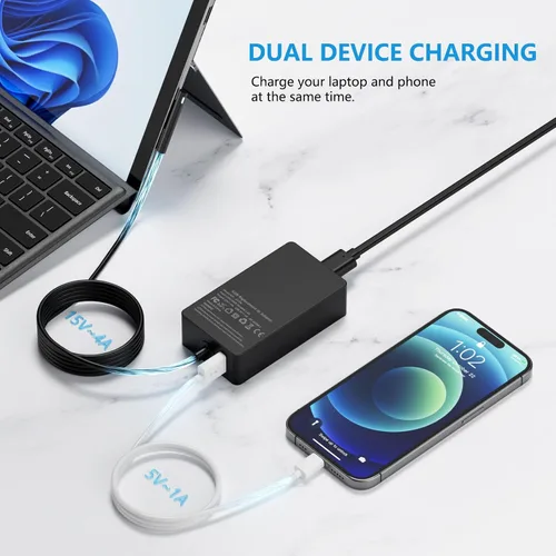 Miniatura 3 de Adaptador de fuente de alimentación para cargador de laptop Surface Pro de 65 W para Microsoft Surface Pro 11/10/9/8/7+/7/6/5/4/3, Surface Book