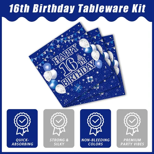 Miniatura 4 de Kepeel Juego de vajilla de 96 piezas para fiesta de 16º cumpleaños, decoraciones y suministros azul y plateado Feliz 16º Cumpleaños para niños