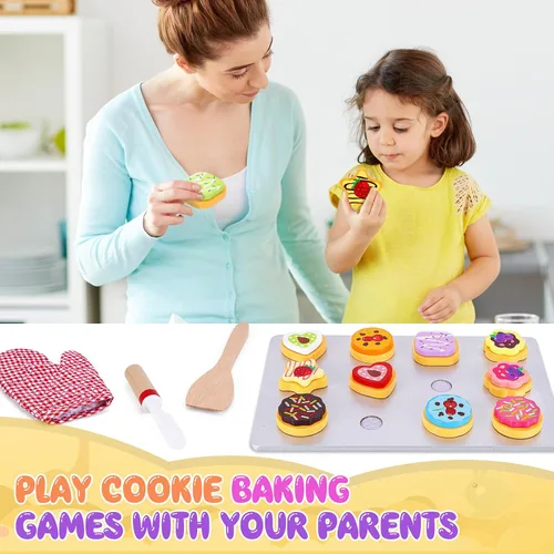 Miniatura 7 de Juego de alimentos de madera para hornear y cortar galletas para niños - Juego de cocina - Accesorios de juguete para galletas y bandeja