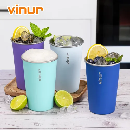 Miniatura 5 de VINUR Paquete de 4 vasos de acero inoxidable de 16 onzas, vasos apilables de metal para viajes, campamento, exteriores