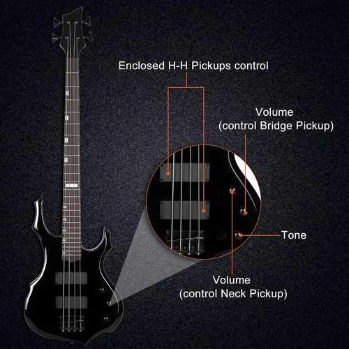 Miniatura 5 de Ktaxon Juego de bajo eléctrico de tamaño completo con diseño de llama con amplificador de 20 W, bolsa de bajo portátil, cable de amplificador Negro